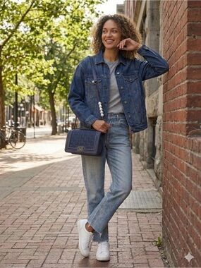 Badgley Mischka Denim Diamond Quilted Crossbody / Pearls on Strap NWT MSRP $159